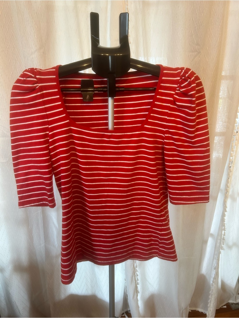 Banana Republic Red & White Striped Square-Neck Puff Sleeve Tee Size Small